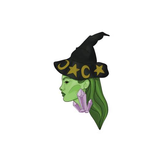 Sticker of a witch with green hair and a black hat featuring stars and a moon on a white background.