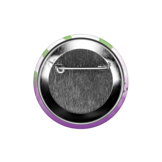 2.25" Round metallic button badge back, "Sustained by Snacks & Spite" button design. Original design by Majik Paelet (magic palette)